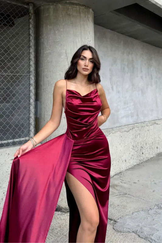 Degaje Yaka Yırtmaçlı Abiye 859586-BORDO - 4