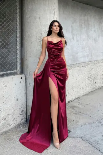 Degaje Yaka Yırtmaçlı Abiye 859586 - BORDO 