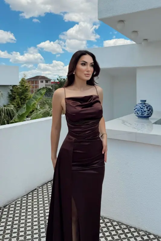 Degaje Yaka Yırtmaçlı Abiye - Acı Kahve - 5