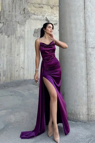 Degaje Yaka Yırtmaçlı Abiye - Mürdüm - SINDIMODA (1)
