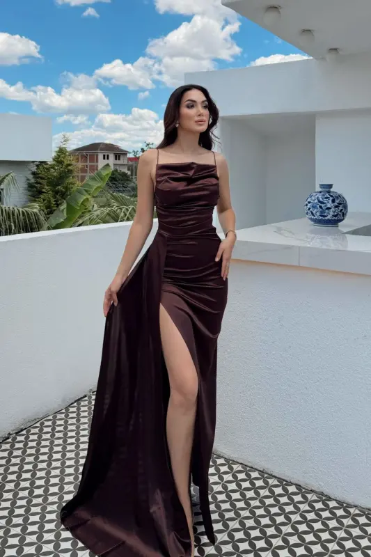 Degaje Yaka Yırtmaçlı Abiye - Acı Kahve - 2