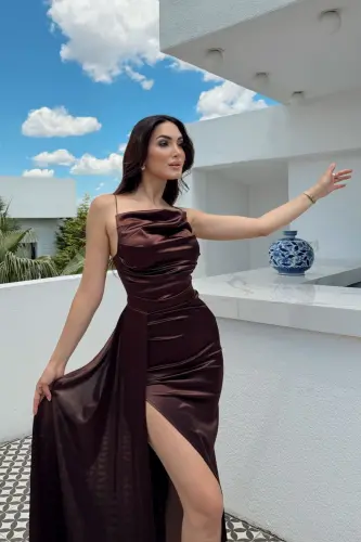 Degaje Yaka Yırtmaçlı Abiye - Acı Kahve - 4