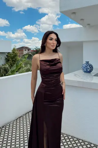 Degaje Yaka Yırtmaçlı Abiye - Acı Kahve - 5