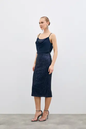 Degaje Yoqali Bluz - To'q ko'k-TO'Q KO'K - 7