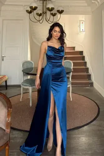 Degaje Yoqali Yirtikli Kechki Libos 582243-İNDİGO - 3