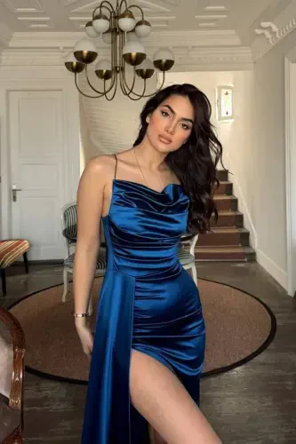 Degaje Yoqali Yirtikli Kechki Libos 582243-İNDİGO - 4