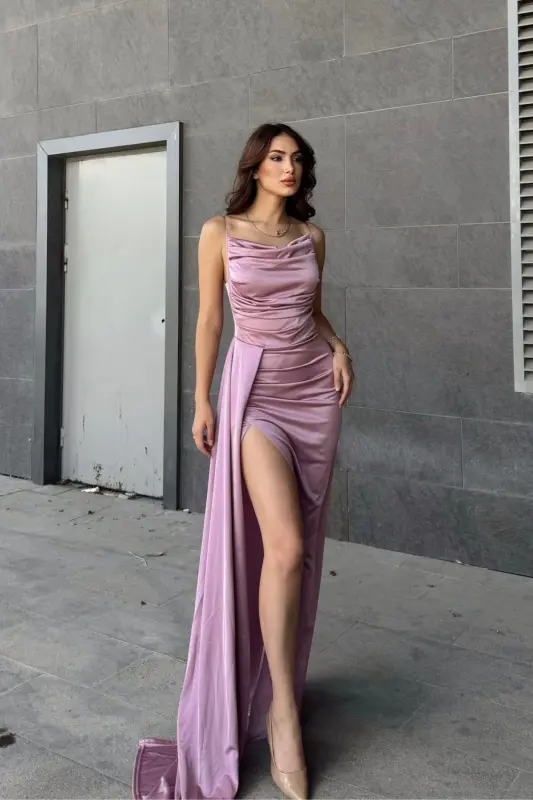 Degaje Yoqali Yirtmaçli Abiye 582243-LILA - 2