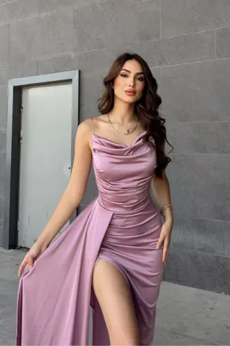 Degaje Yoqali Yirtmaçli Abiye 582243-LILA - 4