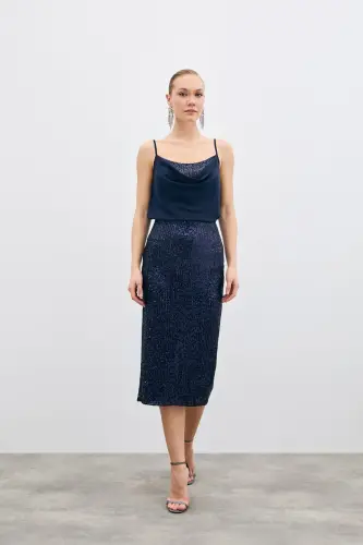 Дегаже Воротник Блузка - Темно-синий-ТЕМНО-СИНИЙ - 6