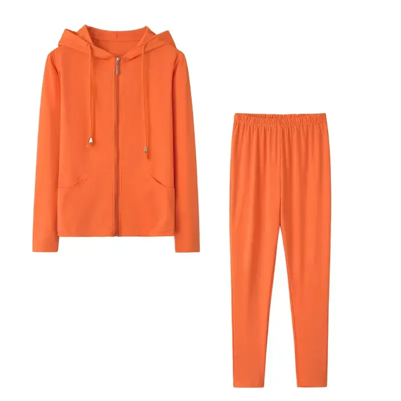 DeHolifer Women 2 Piece Outfits Hoodie Sweatshirt Tracksuit Solid Color Hooded Zip Up Jacket Coat and Pant Sport Suit Sweatsuit Orange M - 2