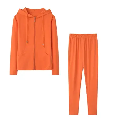 DeHolifer Women 2 Piece Outfits Hoodie Sweatshirt Tracksuit Solid Color Hooded Zip Up Jacket Coat and Pant Sport Suit Sweatsuit Orange M - 2