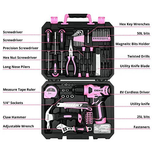 DEKOPRO Drill Set: Tool Set with 8V Pink Cordless Drill, Home Tool Kit with Drill, Hand Tool Kits for Women 126 Piece - 2