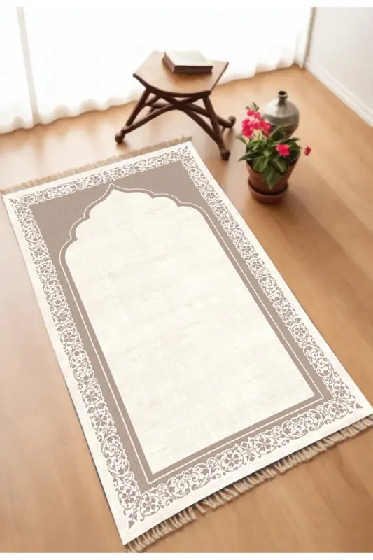 Dekoratif Dijital Baskılı Kaymaz Taban Seccade Namazlık 75x120 - Krem - 1