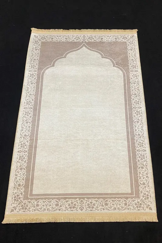 Dekoratif Dijital Baskılı Kaymaz Taban Seccade Namazlık 75x120 - Krem - 2