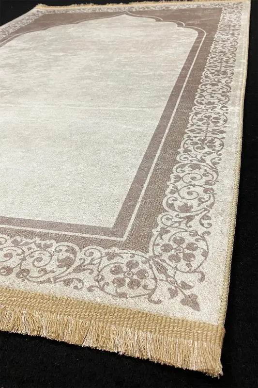 Dekoratif Dijital Baskılı Kaymaz Taban Seccade Namazlık 75x120 - Krem - 3