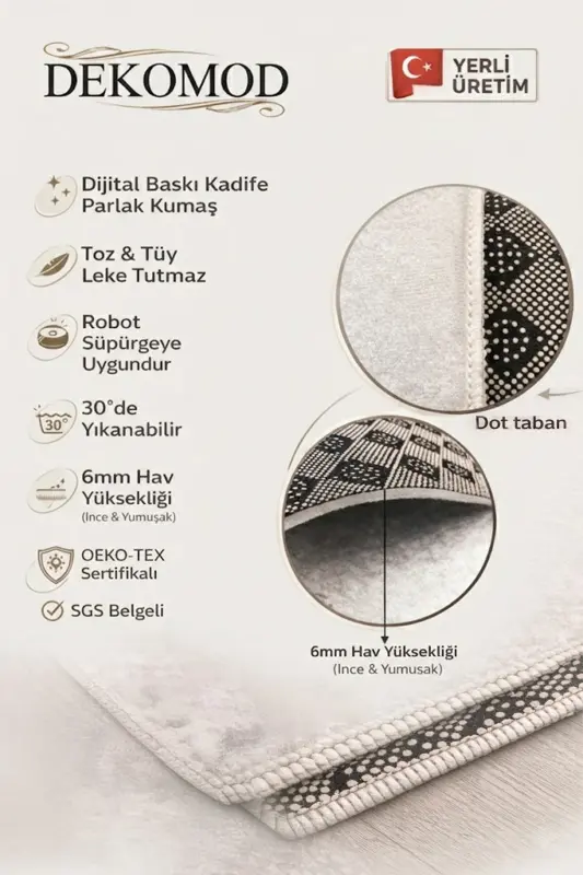Dekoratif Dijital Baskılı Kaymaz Taban Seccade Namazlık 75x120 - Krem - 6
