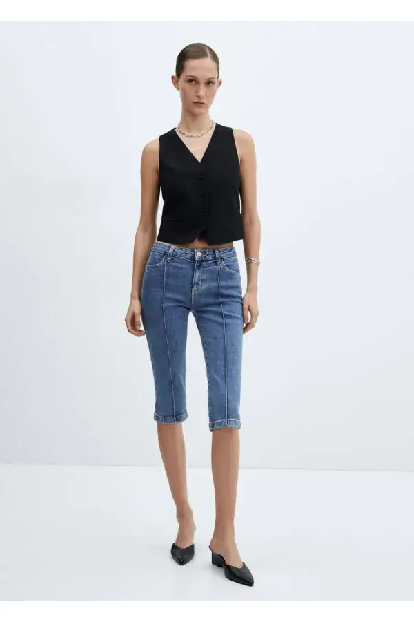 Dekoratif dikişli capri jean pantolon - 2