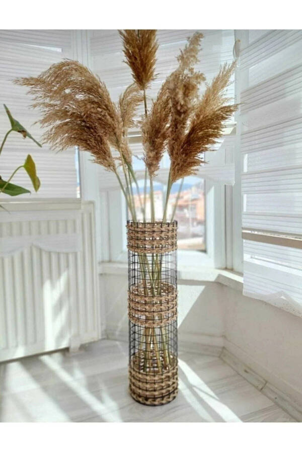 Dekoratif Jüt Hasır Örme Metal Pampas Vazo 60 Cm - 4