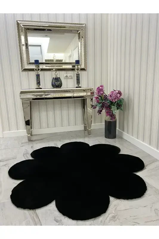 Dekoratif Siyah Peluş Yumuşak Beyaz Papatya Modern Halı-Siyah - VESCARPET STATION