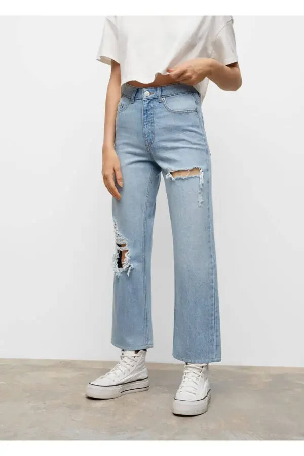 Dekoratif Yırtıklı Düz Kesim Jean-Açık Mavi - 5