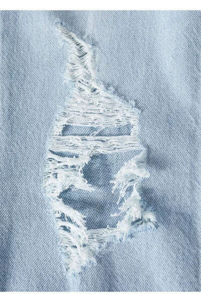 Dekoratif Yırtıklı Düz Kesim Jean-Açık Mavi - 6