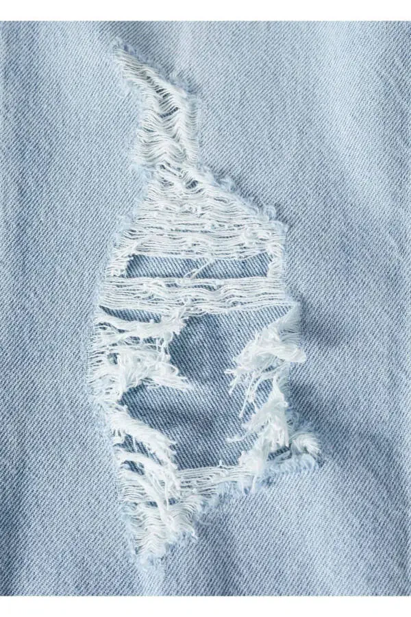 Dekoratif Yırtıklı Düz Kesim Jean-Açık Mavi - 6