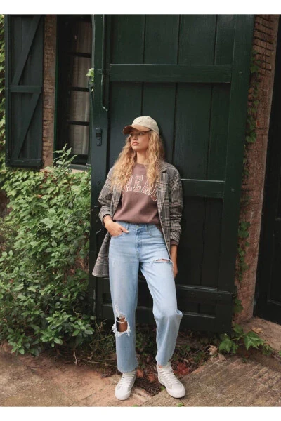 Dekoratif Yırtıklı Düz Kesim Jean-Açık Mavi - 8