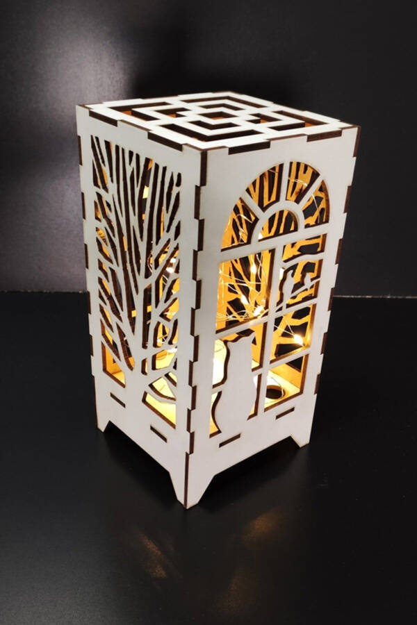 Dekorativ Mini Maxsus Dizayndagi Yog'och Abajur Stolda Bezash Pilli Peri Ledli Mushuk Va Daraxt Naqsh - 1