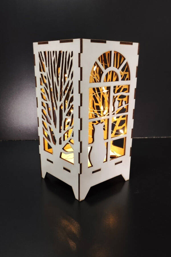 Dekorativ Mini Maxsus Dizayndagi Yog'och Abajur Stolda Bezash Pilli Peri Ledli Mushuk Va Daraxt Naqsh - 3