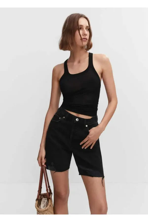 Dekorativ yirtilgan denim bermuda short - 1