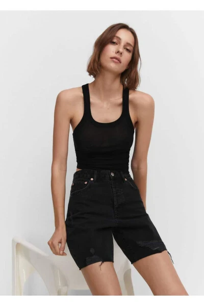 Dekorativ yirtilgan denim bermuda short - 8