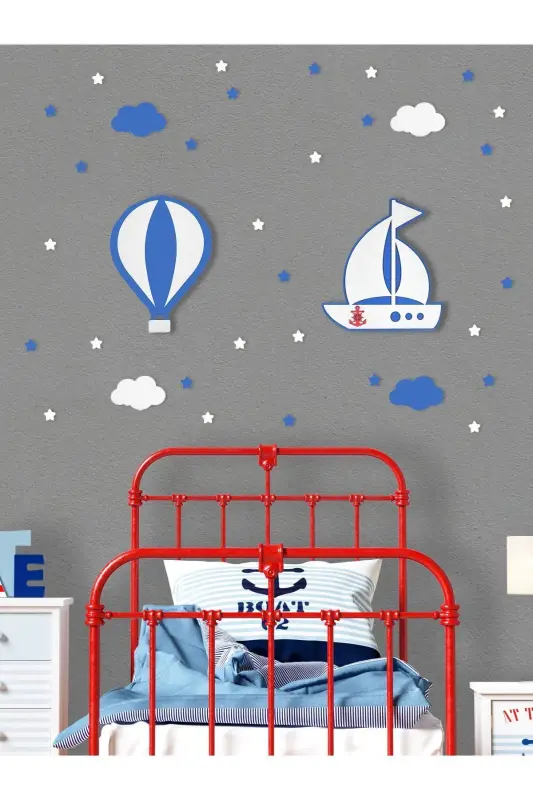 Декоративный светодиодный светильник/ночник для детской комнаты с фигурками деревянного воздушного шара и корабля, набор из 2 шт. - Синий-Синий - UNIQRAFT DESIGN
