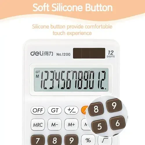 Deli Standard Function Asosiy Kalkulyator, 12 Raqamli Stol Kalkulyatori Katta LCD Displey, Quyosh Batareyasi Ikkilamchi Quvvat Ofis Kalkulyatorlari, Oq - 5