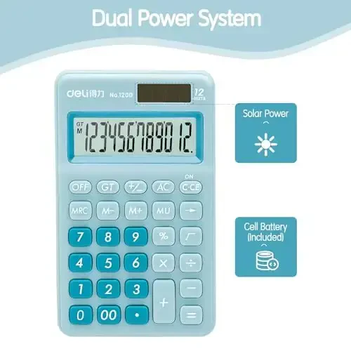 Deli Standard Function Basic Calculator, 12 Digit Desktop Calculator with Large LCD Display, Solar Battery Dual Power Office Calculators, Blue - 6