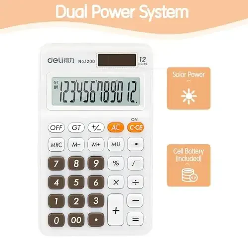 Deli Standard Function Basic Calculator, 12 Digit Desktop Calculator with Large LCD Display, Solar Battery Dual Power Office Calculators, White - 6