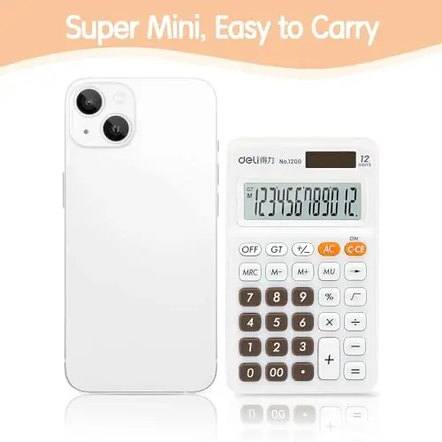 Deli Standard Function Basic Calculator, 12 Digit Desktop Calculator with Large LCD Display, Solar Battery Dual Power Office Calculators, White - 3