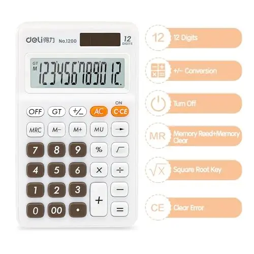 Deli Standard Function Basic Calculator, 12 Digit Desktop Calculator with Large LCD Display, Solar Battery Dual Power Office Calculators, White - 4