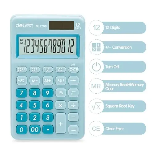 Deli Standard Function Basic Calculator, 12 Digit Desktop Calculator with Large LCD Display, Solar Battery Dual Power Office Calculators, Blue - 4