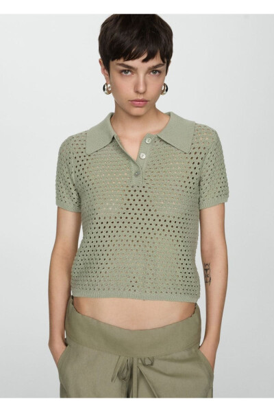 Delikli örgü polo tişört - 1