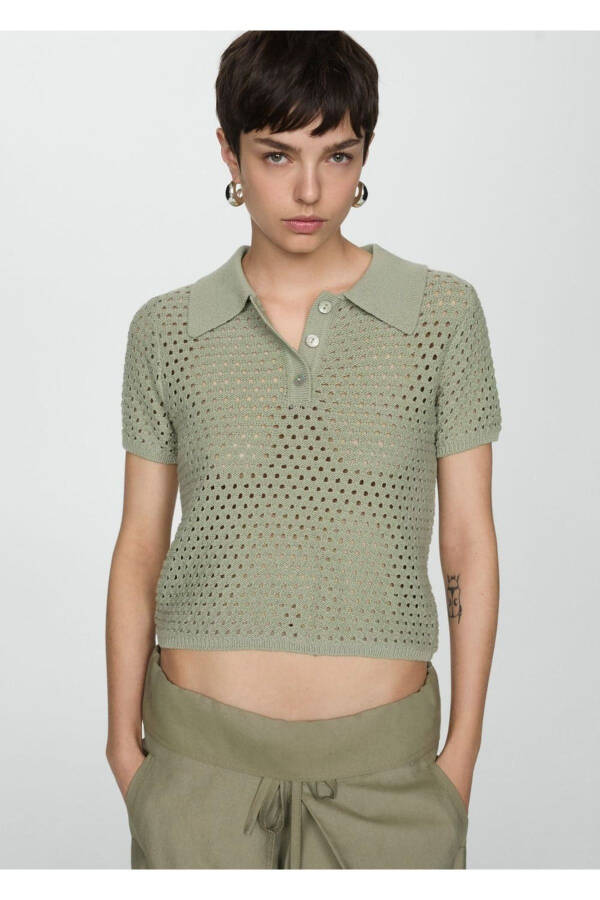 Delikli örgü polo tişört - 1