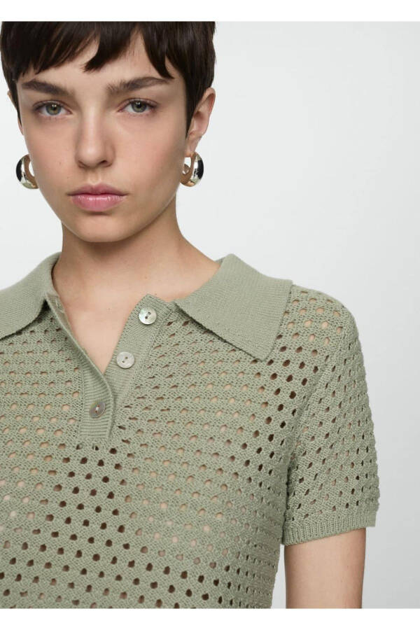 Delikli örgü polo tişört - 7