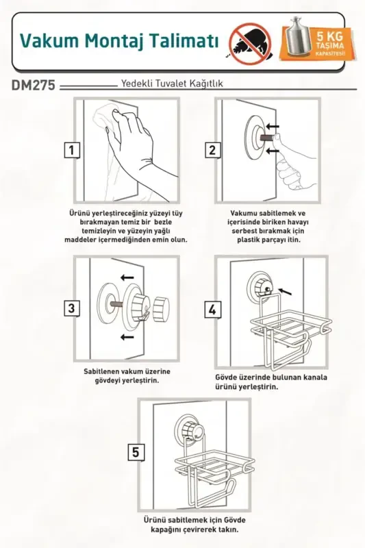 DELME VİDA MATKAP YOK! VAKUMLU YEDEKLİ TUVALET KAĞITLIK MAT SİYAH DM275 - 4