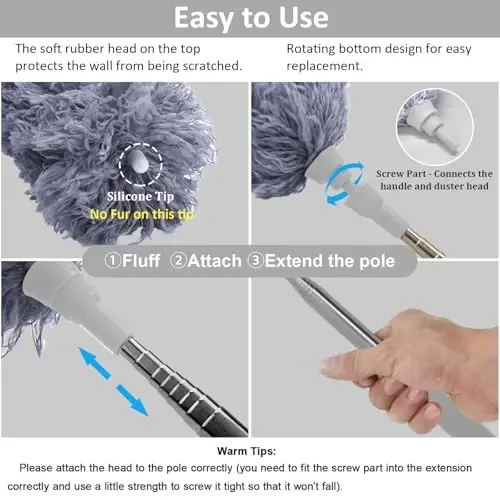 DELUX Microfiber Feather Duster Extendable Duster with 100 inches Extra Long Pole, Bendable Head & Long Handle Dusters for Cleaning Ceiling Fan, High Ceiling, Blinds, Furniture & Cars Gray - 2