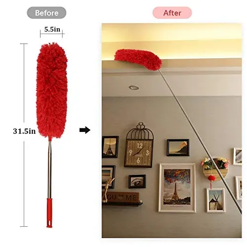 DELUX Microfiber Feather Duster Uzaytiruvchi O'rgimchak to'ri Duster 100 dyuymli o'ta uzun ustun, egiluvchan bosh va shift foniy, baland shift, deraza, mebel va mashinalarni tozalash uchun chizishga chidamli shlyapa Qizil - 3