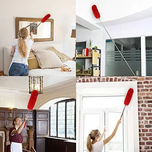 DELUX Microfiber Feather Duster Uzaytiruvchi O'rgimchak to'ri Duster 100 dyuymli o'ta uzun ustun, egiluvchan bosh va shift foniy, baland shift, deraza, mebel va mashinalarni tozalash uchun chizishga chidamli shlyapa Qizil - 5