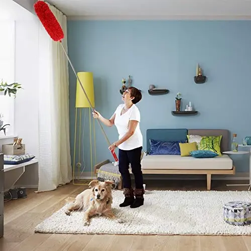 DELUX Microfiber Feather Duster Uzaytiruvchi O'rgimchak to'ri Duster 100 dyuymli o'ta uzun ustun, egiluvchan bosh va shift foniy, baland shift, deraza, mebel va mashinalarni tozalash uchun chizishga chidamli shlyapa Qizil - 6