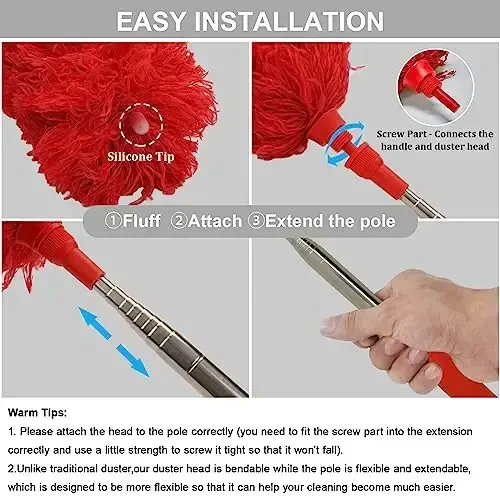 DELUX Microfiber Feather Duster Uzaytiruvchi O'rgimchak to'ri Duster 100 dyuymli o'ta uzun ustun, egiluvchan bosh va shift foniy, baland shift, deraza, mebel va mashinalarni tozalash uchun chizishga chidamli shlyapa Qizil - 2