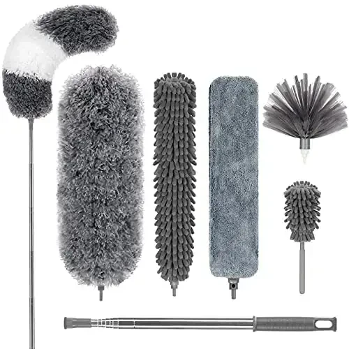 DELUX Microfiber Feather Duster,7 PCS Reusable Bendable Washable Cobweb Duster with 100 inches Extra Long Extension Pole for Cleaning Ceiling Fan, High Ceiling, Blinds, Furniture & Cars - 1