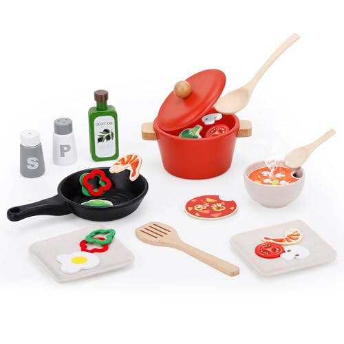 Deluxe Wooden Play Food Set, 25Pcs Kids Play Kitchen Toys Set, Pretend Cooking Playset Acccessories for Kids Ages 3+ - 31