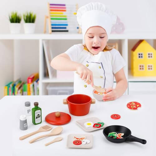 Deluxe Wooden Play Food Set, 25Pcs Kids Play Kitchen Toys Set, Pretend Cooking Playset Acccessories for Kids Ages 3+ - 32